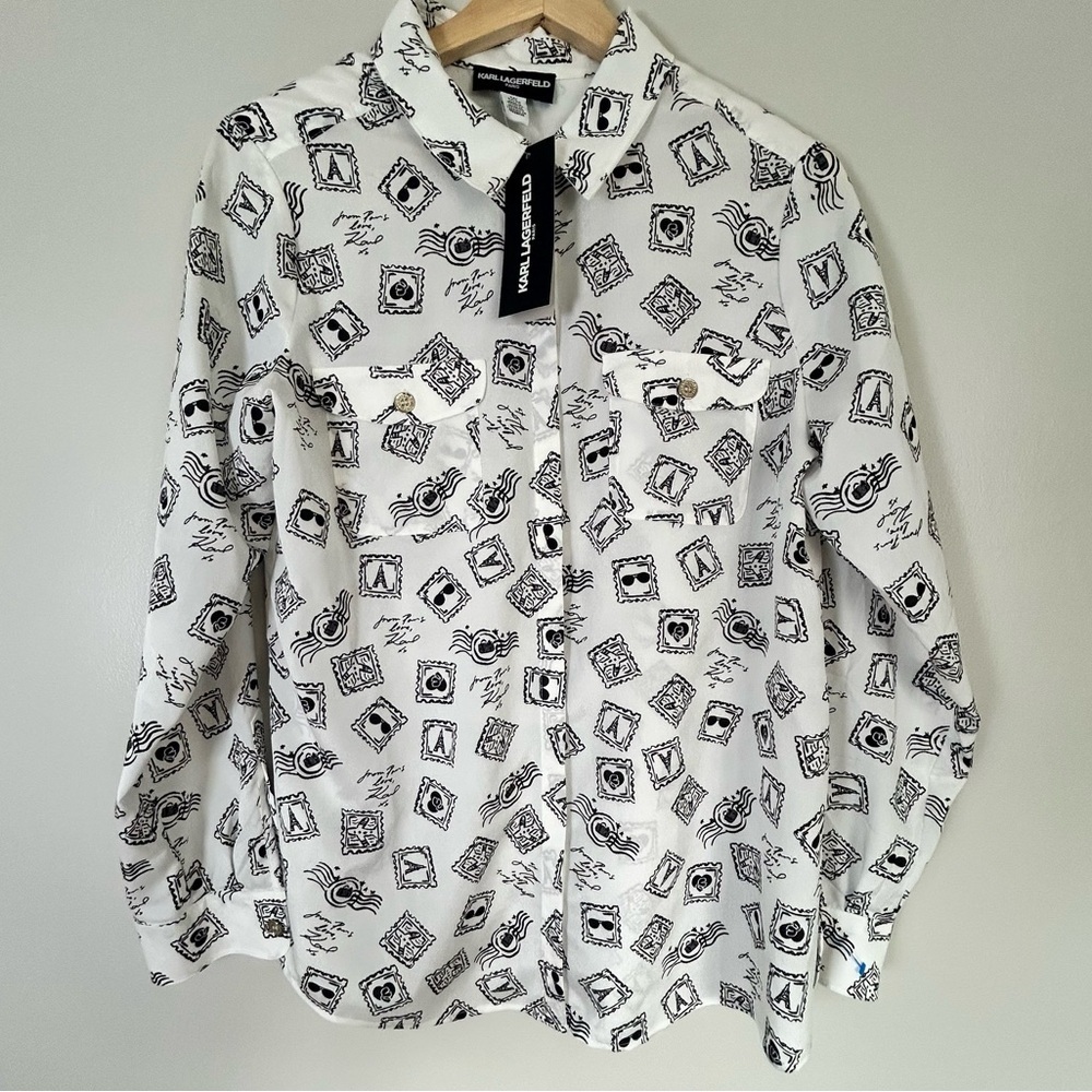 Karl Lagerfeld White Button-Up Shirt with Paris France postcard Print